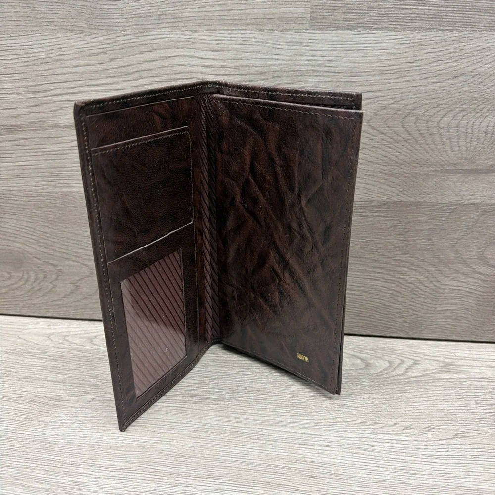 Swank Genuine Leather Tall Checkbook Wallet Brown Men's Bifold Very Nice